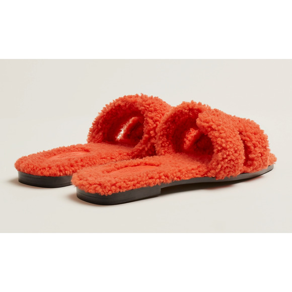 Hermes Oran Teddy Shearling Fur Orange H Logo Slide Sandal Mule Flat Flop 38.5 - Picture 10 of 12